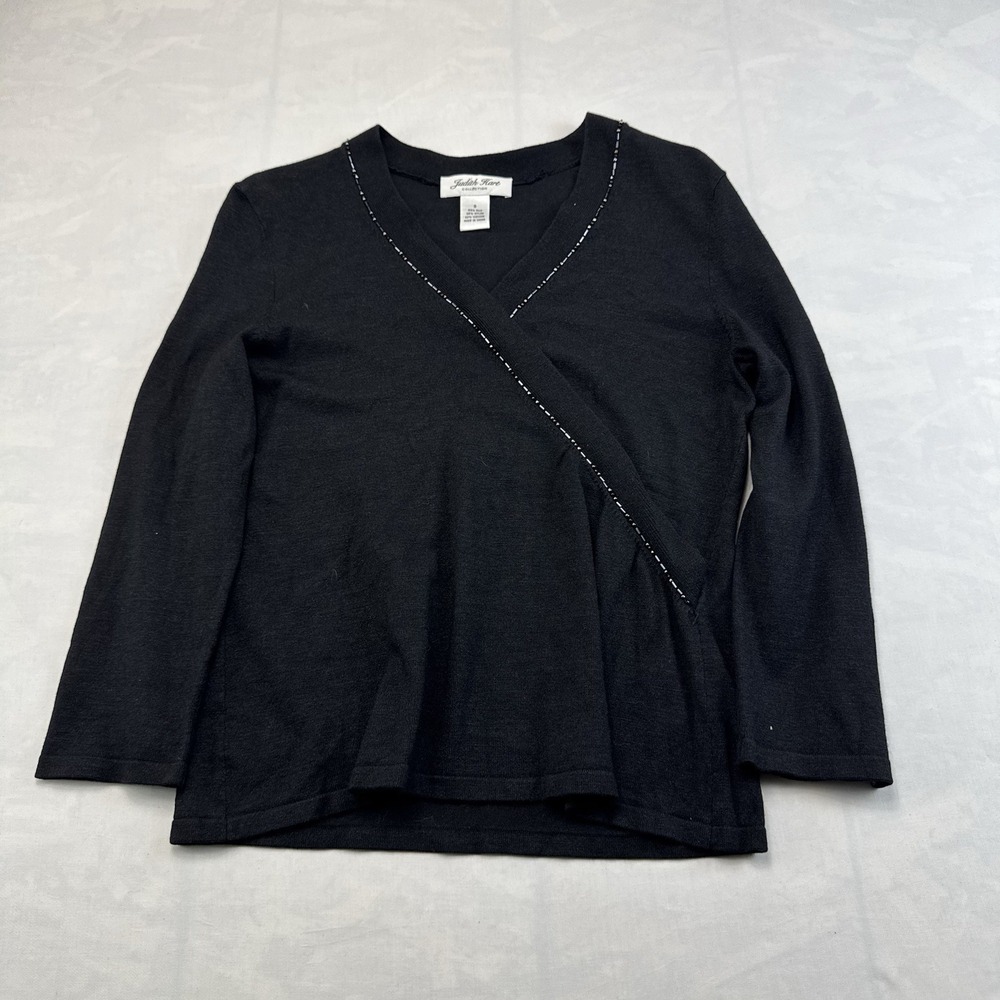 Judith Hart Silk Blend Faux Wrap Sweater Beaded Black Women Small